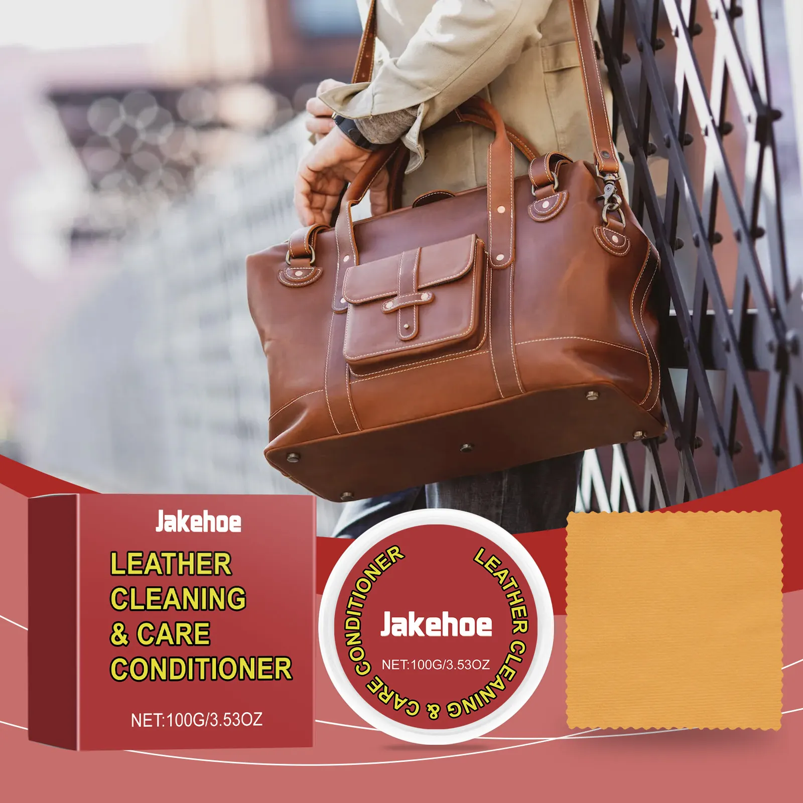 Close-up of applying Jakehoe cream with a microfiber cloth on a leather bag