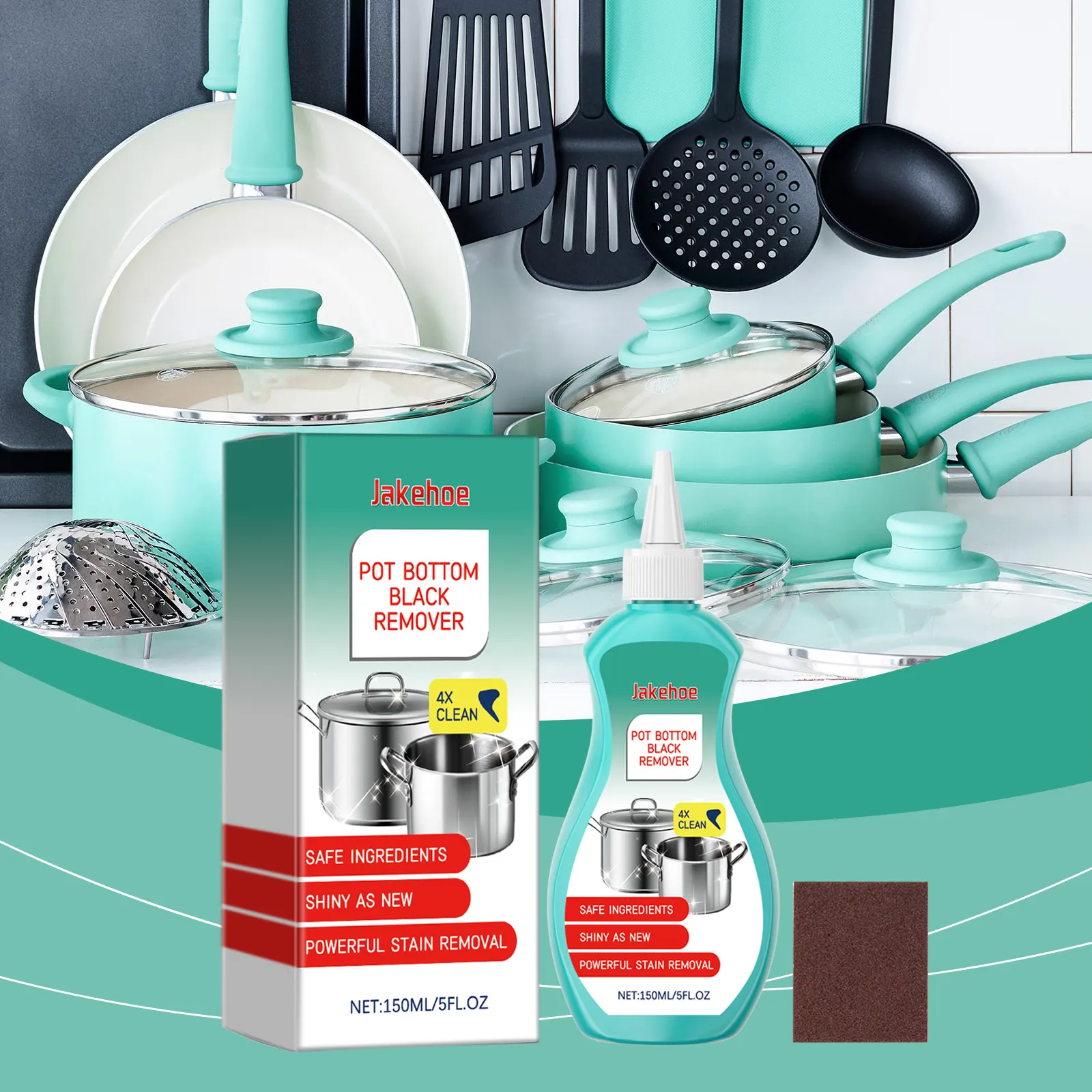 Applying the cleaner to a burnt pan