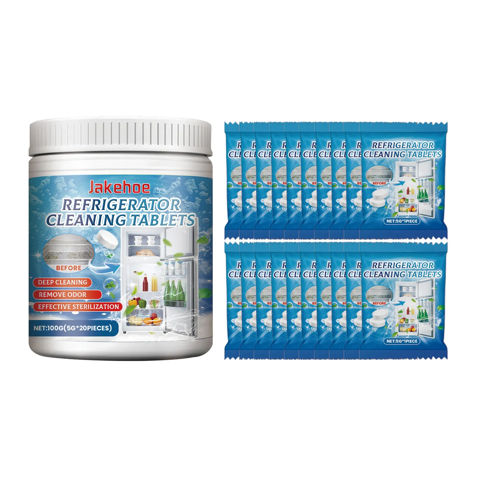 JakeHoe Refrigerator Cleaning Tablets packaging and product close-up