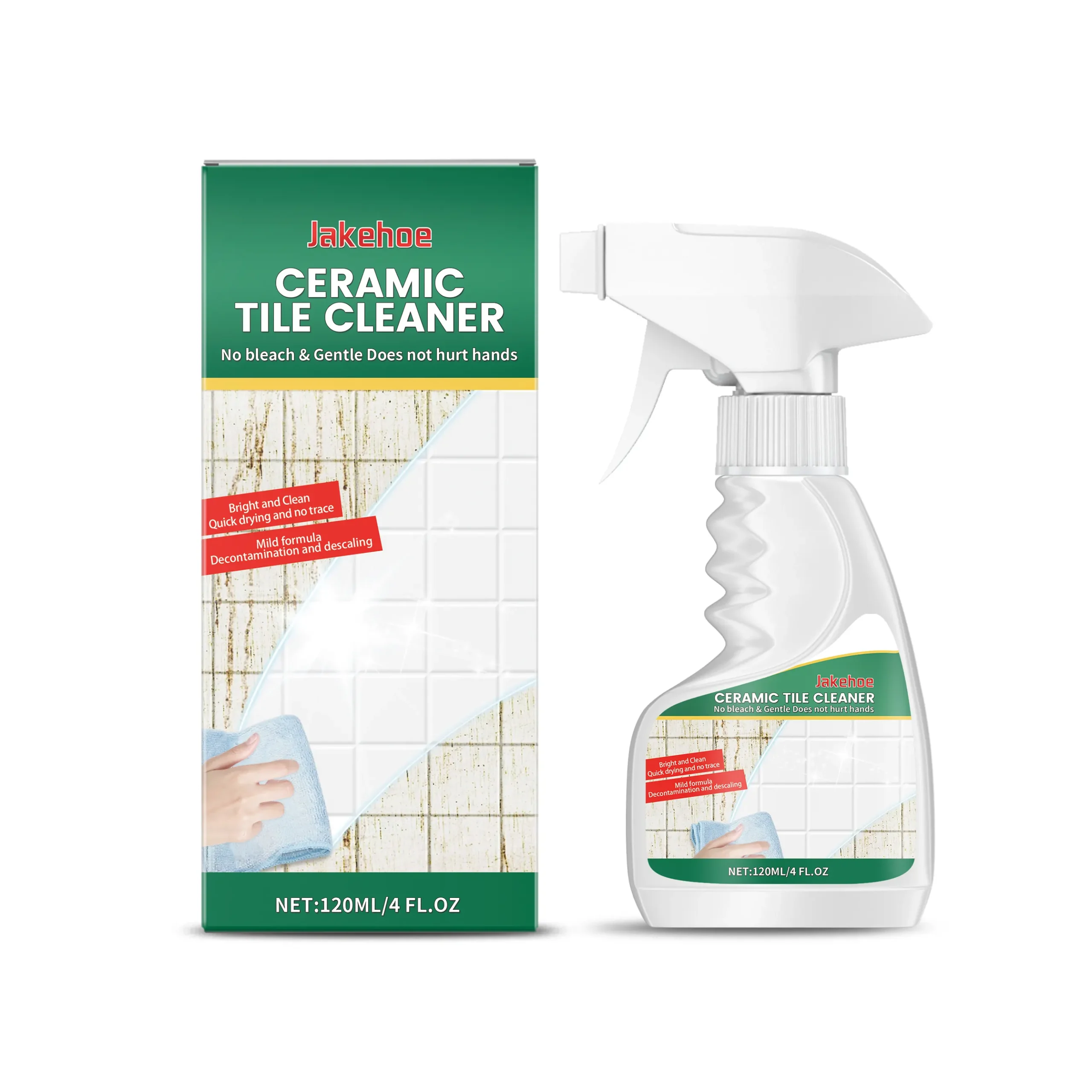 Jakehoe Tile Cleaner bottle next to dirty kitchen tile