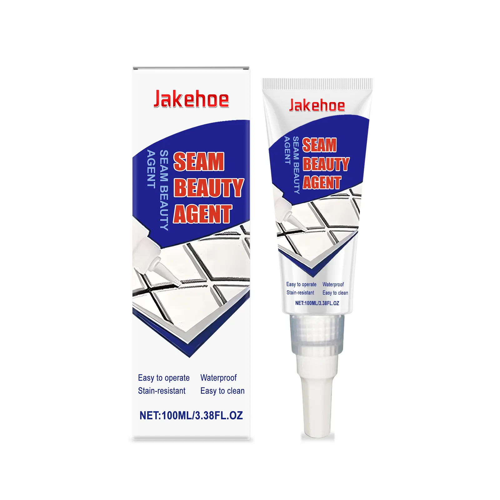 Jakehoe grout adhesive bottle next to dirty tile grout