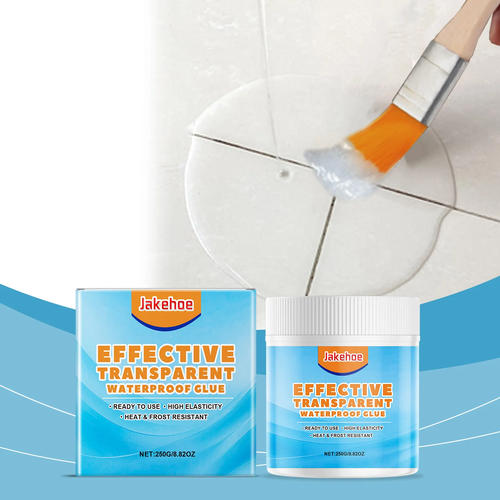 Close-up of glue being applied to tile grout with a brush