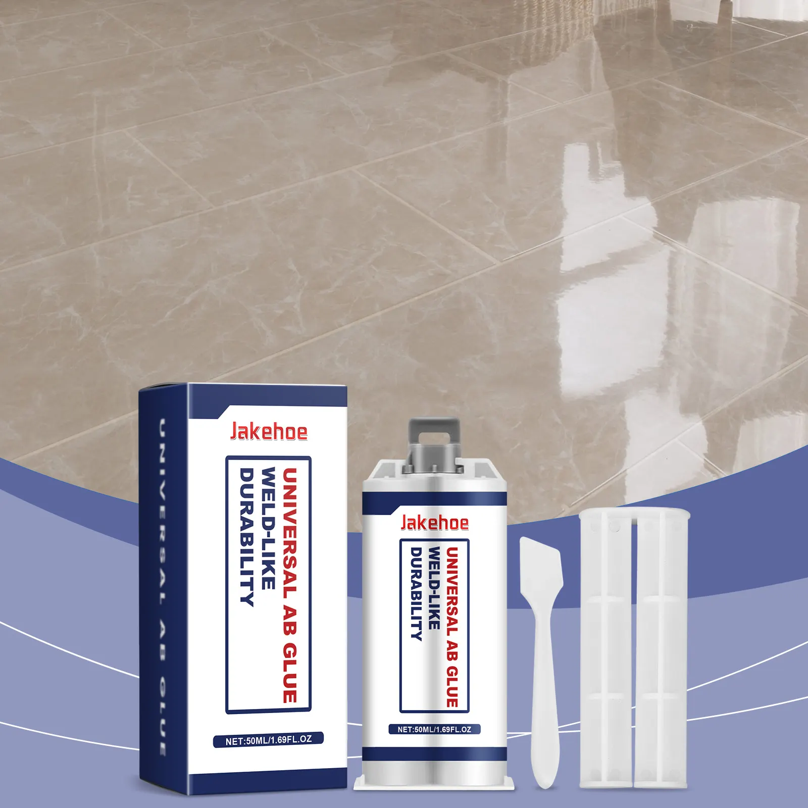 Close-up of a tile crack filled and smoothed with the epoxy adhesive