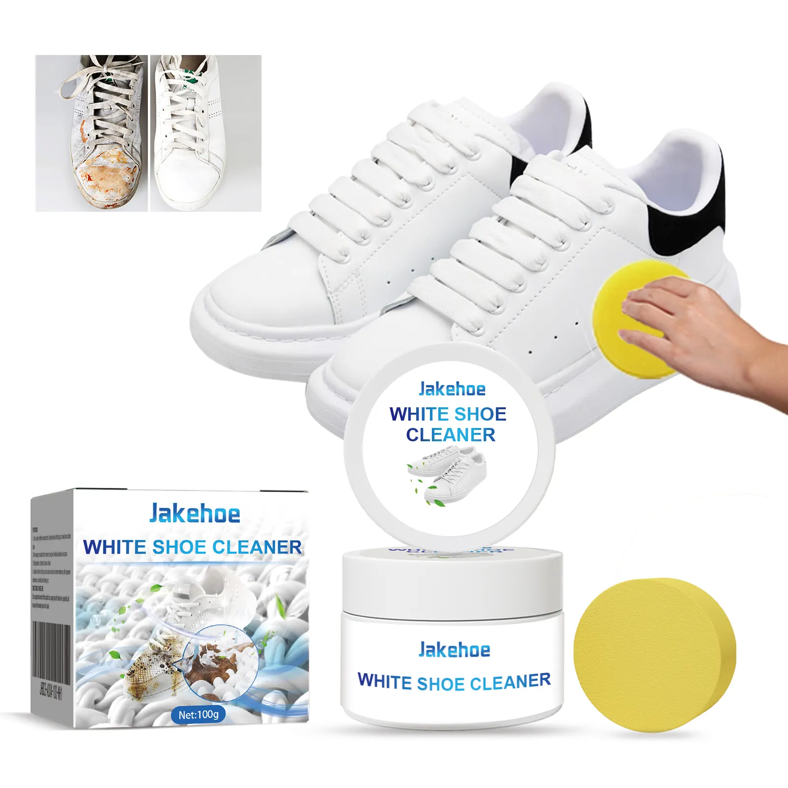 Close-up of the Jakehoe shoe cleaner sponge applicator in use on a white sneaker